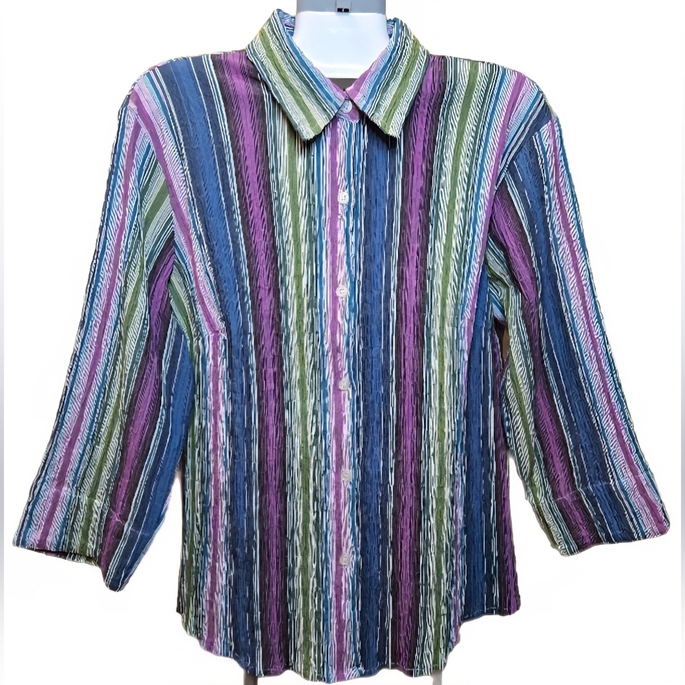 Lemon Grass Women's Studio Colorful Striped Textured 3/4 Sleeve Blouse- Size Med